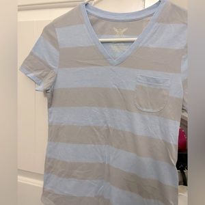 Blue and grey stripe v-neck shirt
